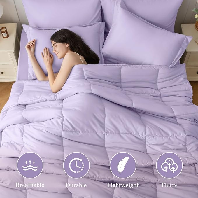 JOLLYVOGUE Queen Comforter Set, Ultra-Soft Bed in a Bag Queen Size 7 Pieces, Oeko-TEX Certified Bedding Set with Down Alternative Comforter, Sheets, Pillowcases & Shams, Lavender