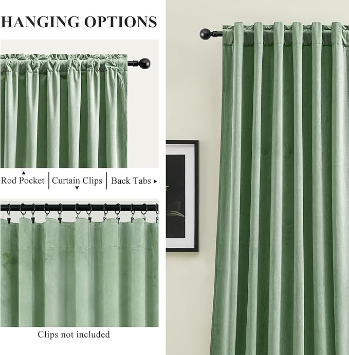 Sage Green Velvet Curtains 108 Inches Long for Bedroom, Luxury Room Darkening Thermal Insulated Blackout Curtains Luxury Window Drapes for Living Room, Back Tab Rod Pocket, W52 x L108, 2 Panels