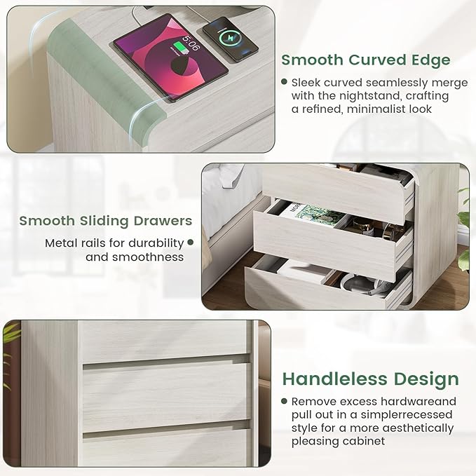White Nightstand Set of 2 with Charging Station, 23.2" Wide Wood Night Stand, Modern Bedside Table with 3 Storage Drawers, Curved Profile, Mid Century End Table for Bedroom Office