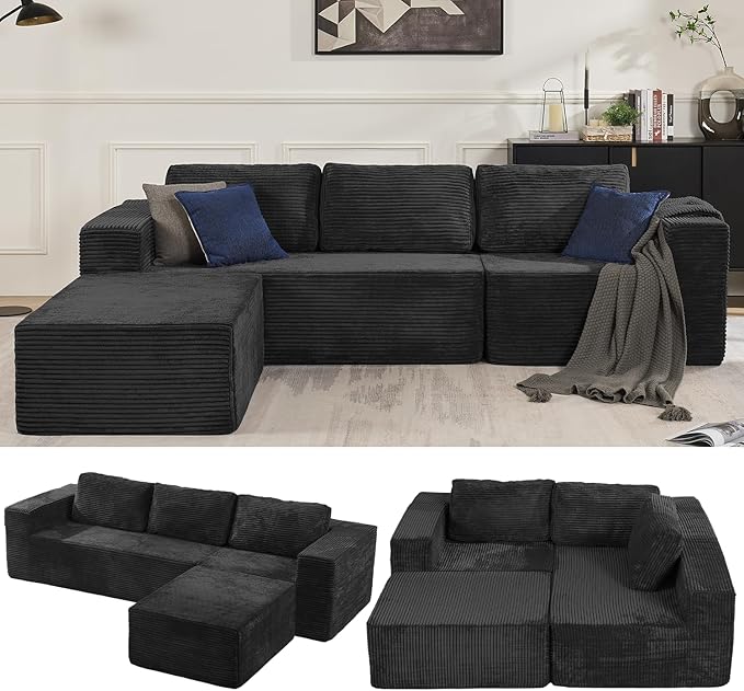 Loveseat Sofa, Cloud Modular Sofa Couch, Upholstered Floor Sofa with Deep Seat, Upholstered Foam Couch for Bedroom Living Room, No Assembly Required (Plush Corduroy Fabric, Black)
