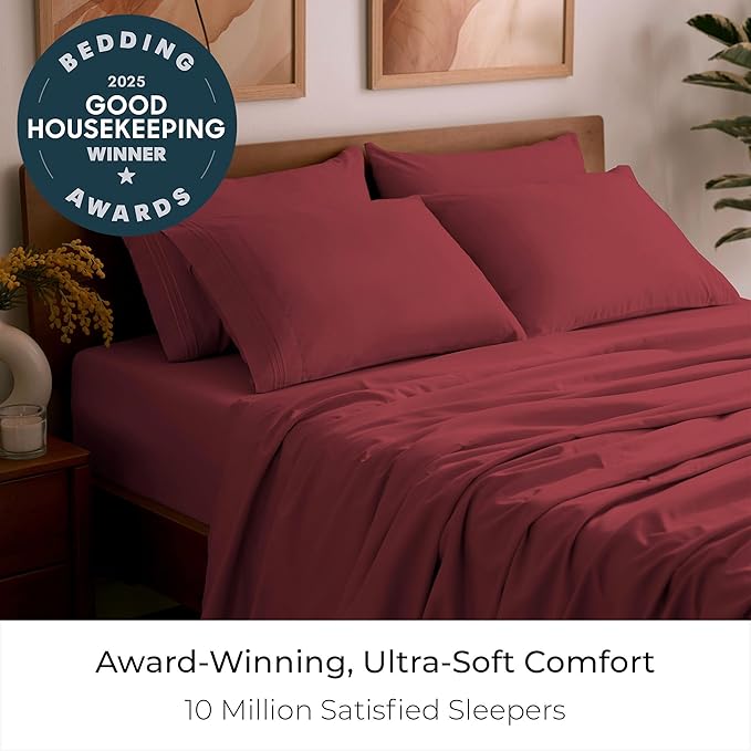 Mellanni Full Sheet Set - 6-Piece Iconic Collection Bedding, (Including 4 Pillowcases), 16-Inch Deep Pocket, Easy Care, Extra Soft, Cooling Sheets, Brushed Microfiber - Brick Red