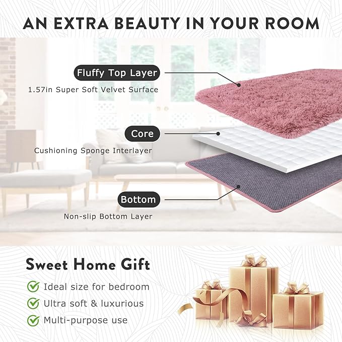 Fluffy Blush Pink Area Rug for Bedroom, 5x7 Soft Fuzzy Shag Rug for Living Room, Thick Comfy Throw Plush Rug for Girls Kids Room, Non-Slip Modern Indoor Shaggy Floor Carpet for Nursery Dorm Home Decor