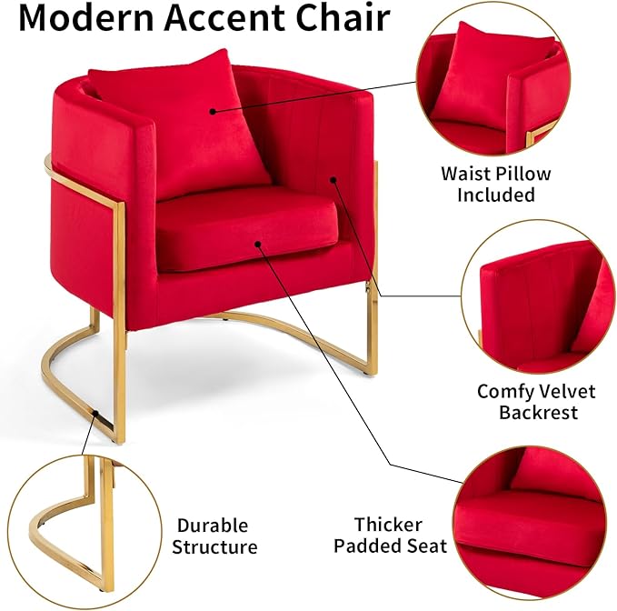 Velvet Modern Accent Chairs Set of 2, Upholstered Barrel Armchair Mid Century with Pillow for Living Room, Comfy Single Vanity Chair with Metal Gold Legs for Bedroom, Rose Red