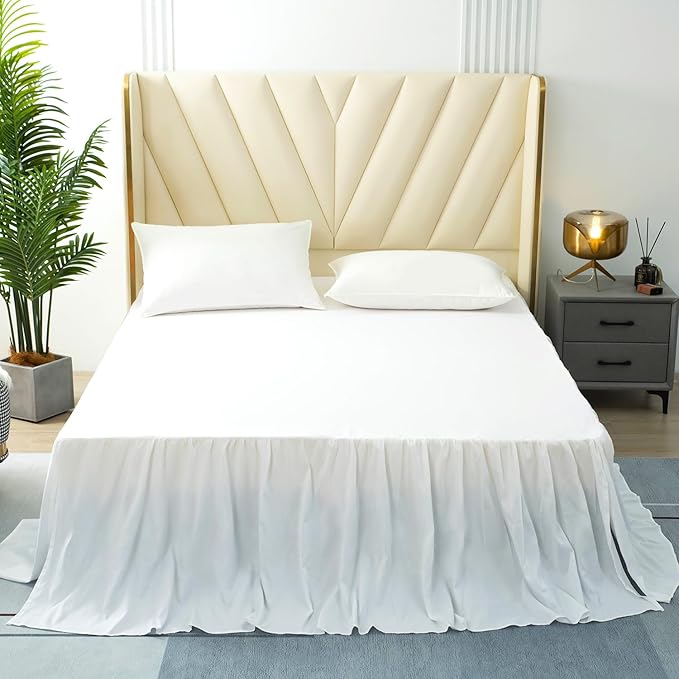 TSUTOMI Bed Skirt Full Size Ruffled Bed Skirt with Split Corners, 22 Inch Drop Dust Ruffle Bed Skirts with Platform, Gathered Style, 100% Microfiber, White