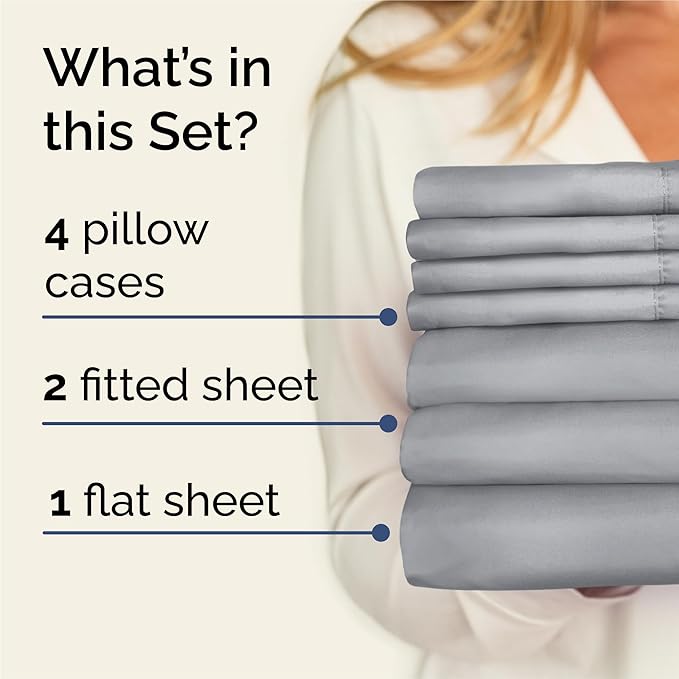 Split King 7 Piece Sheet Set - Cooling & Breathable - Hotel Luxury Bedding, Includes Fitted Sheets for Women, Men, Kids & Teens - 1 Flat, 2 Fitted Sheets, 4 Pillowcases w/Deep Pockets - Steel Blue
