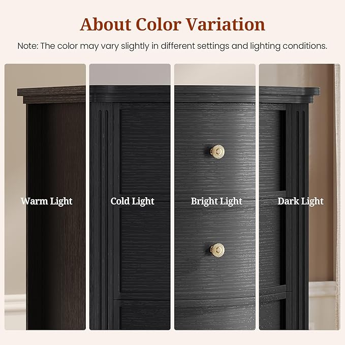 AuraCurve Tall 5-Drawer Chest, Elegant Dresser with Five Arc Fronts, Roman Column Decor, Slim Floor Standing Storage Cabinet, 48.6x23.6x15.7 Inches(Black, 5 Drawer)