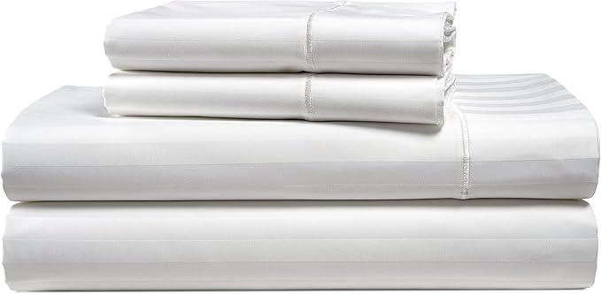 Lane Linen White Queen Sheet Set - 100% Cotton Striped Sheets for Queen Size Bed, Satin Soft Luxury Striped Sheets Queen Size, Deep Pocket Fitted Sheets - 4 PC Bedding Sheets & Pillowcases Set - White