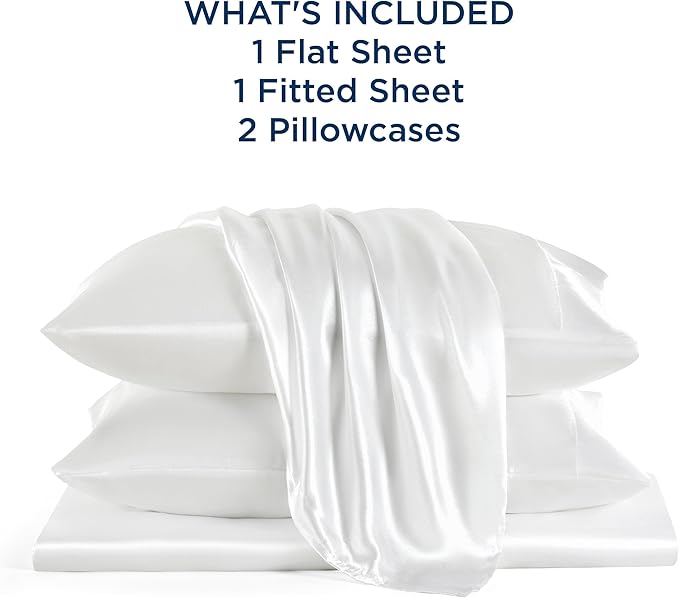 Bedsure White Satin Sheets Queen Size - 4 Piece Silky Bedsheets with 15 Inches Deep Pocket Fitted Bedsheet,1 Flat Sheet, 2 Satin Pillowcases, Good for Hair & Skin (Queen, White)