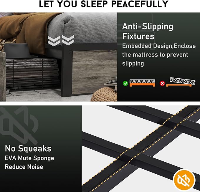 Queen Size Bed Frame with 4 Storage Drawers and Headboard with Charging Station and LED Lights,2 Tier Solid Wood Headboard Storage/Noise Free/No Box Spring Needed/Remote Control/Rustic Grey