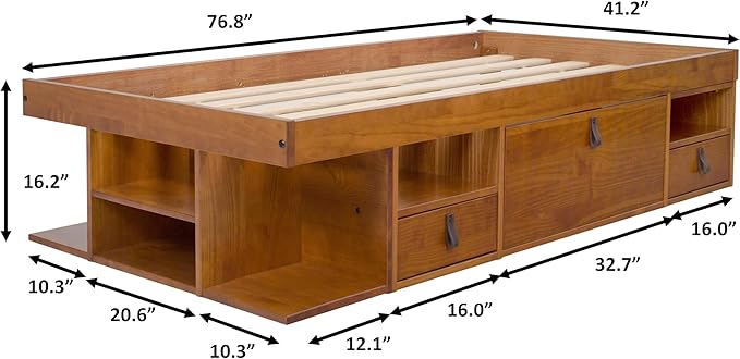 memomad Bali Storage Platform Bed with Drawers (Twin Size, Oak Brown Wood)