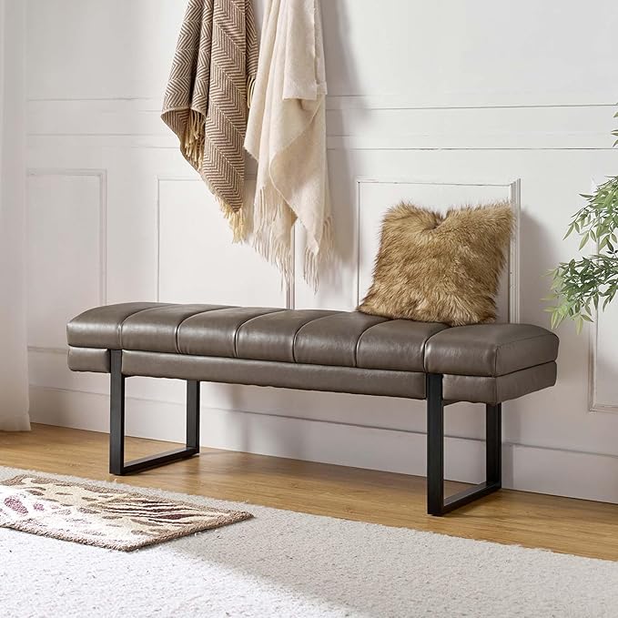 HULALA HOME 53" Faux Leather Entryway Bench, Button Tufted End of Bed Bench Ottoman for Bedroom, Living Room with Metal Base, Grey