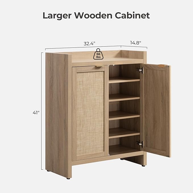SICOTAS Shoe Cabinet Set of 3, Large Capacity Shoe Storage Organizer Cabinet, Tall Rattan Shoe Cabinet with Doors and Shelves, 6-Tier Farmhouse Boho Wooden Storage Cabinet for Entryway, Light Oak