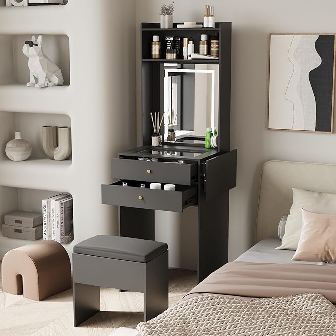 ARTETHYS Small Vanity Desk Set with 3 Adjustable Lighted Mirror and Storage Chair Mini Black Makeup Vanities Set for Bedroom Compact Make up Dressing Table with Fold-up Panel for Tiny Space