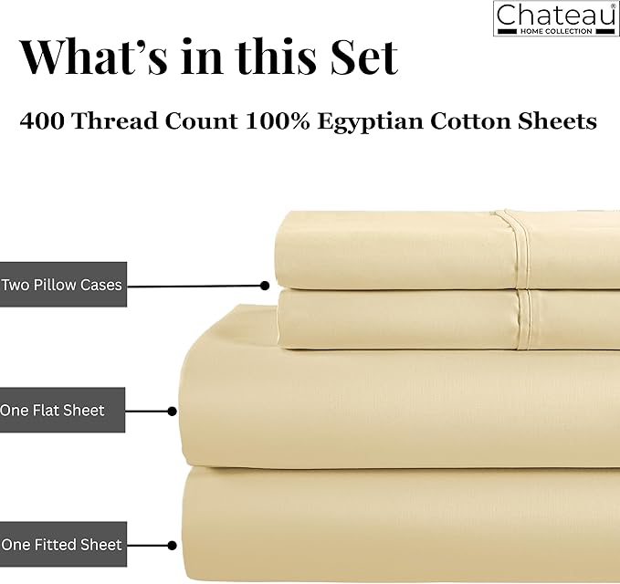 King Sheets Deep Pocket King Sheet Set, 100% Cotton Bed Sheets, 400 Thread Count 4 Pc Sateen Weave Luxury Bedding Sheet & Pillowcase Sets, Soft & Comfy Naturally Cool, No Pill Machine Washable- Ivory