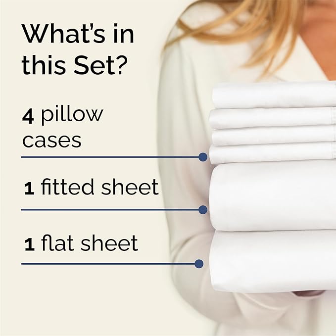 Queen 6 Piece Sheet Set - Cooling & Breathable - Hotel Luxury Bedding, Includes Fitted Sheet for Women, Men, Kids and Teens - 1 Flat, 1 Fitted Sheet, 4 Pillowcases with Deep Pockets - Antique White