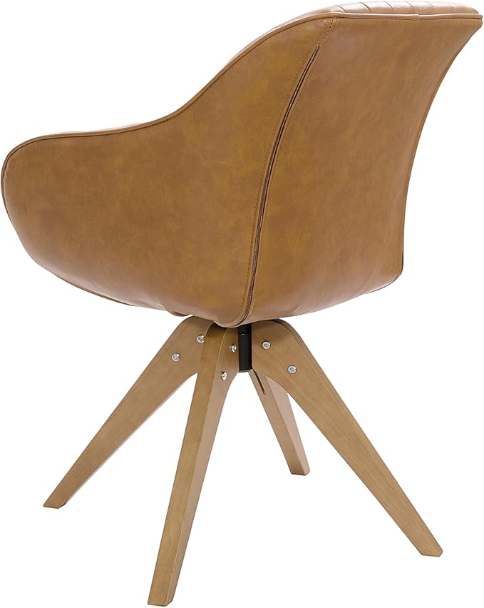 Zouron Mid Century Modern Accent Chairs with Wooden Legs, Swivel Desk Chair No Wheels, Faux Leather Vanity Side Chair for Small Space Home Office Living Room Bedroom, Brown