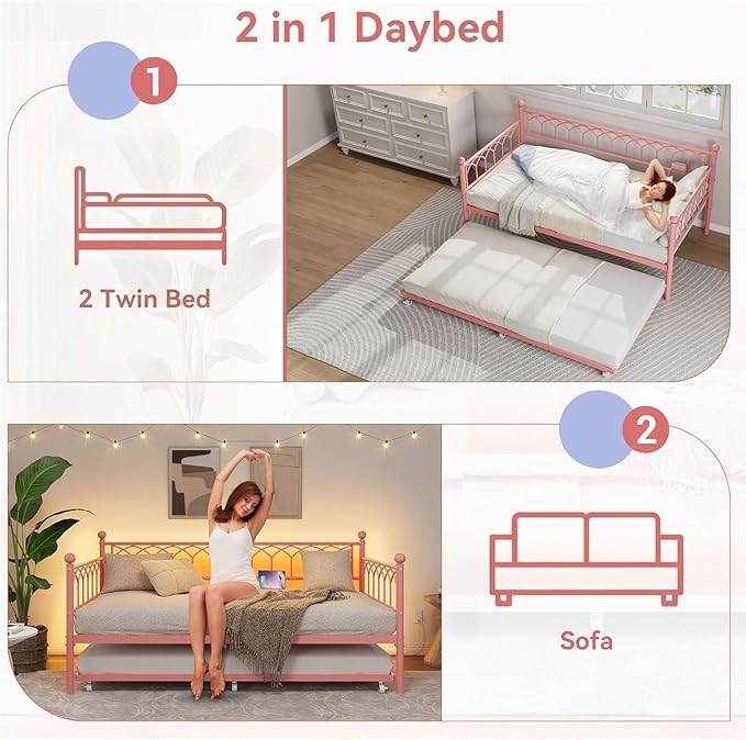 GarveeHome Twin Size Daybed with Charging Station and LED Lights, Metal Bed Frame with Trundle, Sofa Beds Frame with Steel Slat Support for Living Room, Guest Room, Apartment, Small Spaces, Pink