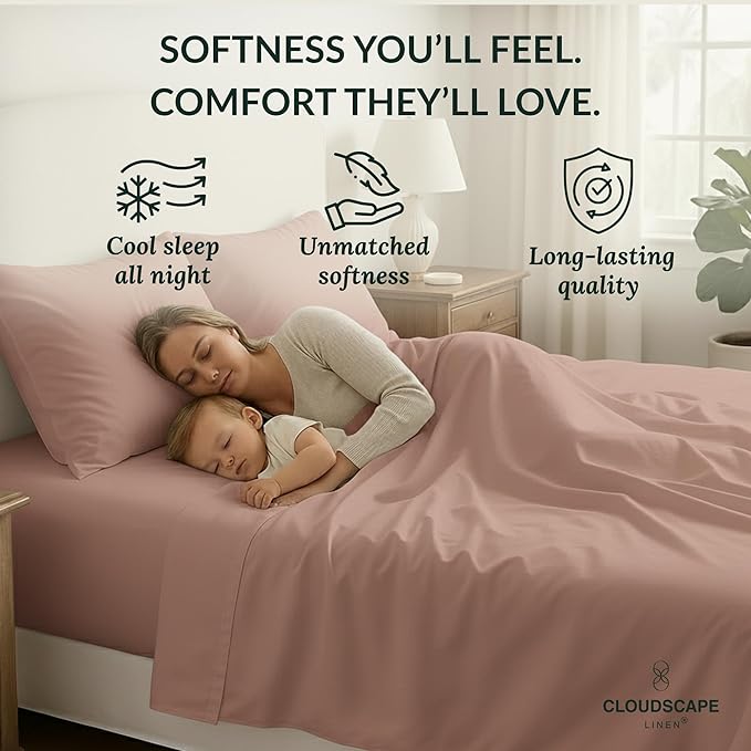 Cloud Scape Linen 100% Egyptian Cotton Sheets for Queen Size Bed, 400 Thread Count, 4 Pieces Bedding Set, Hotel Quality, Silky Soft, Deep Pockets up to 17”, Sepia Rose