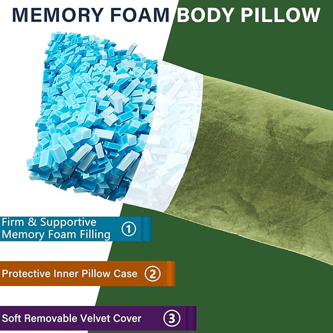 Body Pillow, Memory Foam Body Pillows for Adults Sleeping, Long Pillow for Bed, Big Large Firm Full Body Pillow for Side Sleeper, 20x54 Inch, Sage Green