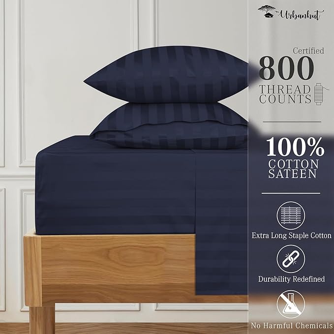 URBANHUT 800 Thread Count 100% Cotton Damask Twin Size Sheets, 4 Piece Striped Twin Size Bedsheets, Luxury Hotel Sheets Sateen Weave - Better Than Egyptian, 14" Elasticized Deep Pocket- Navy Blue