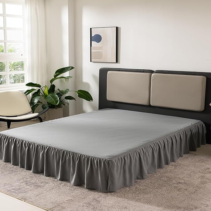 Grey Bed Skirt Queen Size Ruffled Bed Skirt with Split Corners, Queen Bed Skirt 18 Inch Drop, TSUTOMI Queen Size Bed Skirt Grey for Ruffled Bed Skirt with Split Corners, Bed Skirt Queen Size