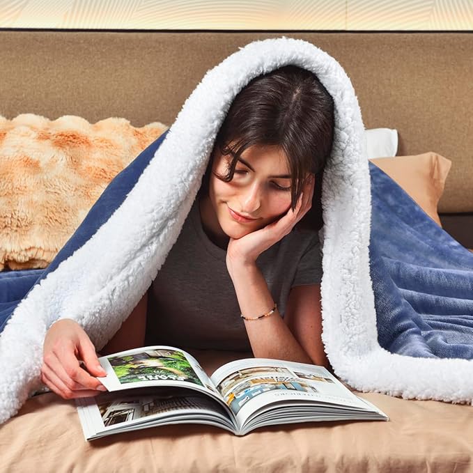 KAWAHOME Sherpa Fleece Twin Size Blanket for Bed - Extra Warm and Heavy Thick Blankets for Winter, Super Soft 500GSM Plush Blanket, 66"X 90" Washed Blue