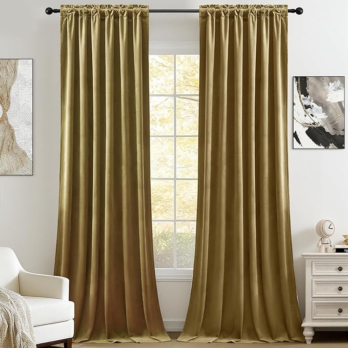 AUSSPVOCT Velvet Curtains 90 Inches Long 2 Panels for Bedroom, Thermal Insulated Room Darkening Luxury Soft Blackout Curtain Back Tab Rod Pocket Window Drapes for Living Room, W52 x L90, Goldbrown