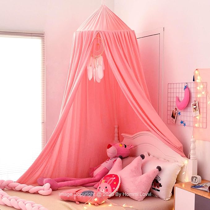 Pink Bed Canopy for Girls with Light, Princess Canopy Curtains for Twin Full Queen Size Kids Bed, Canopy for Girls Bed Room Decor, Hanging Castle Ceiling Tent
