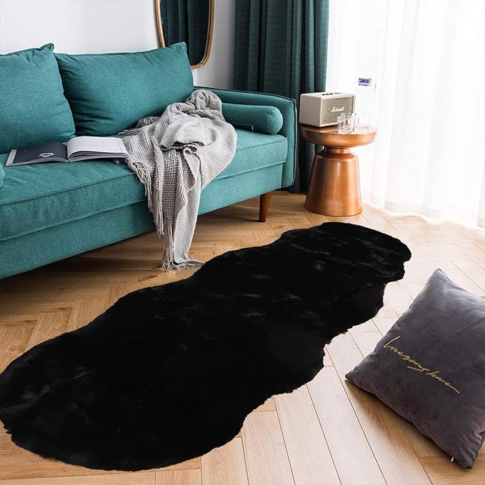 Latepis Black Area Rugs Runners 2x6 Faux Rabbit Fur Fluffy Shag Rug Washable Furry Rug for Living Room Bedroom Nursery Floor Rugs Room Carpet Sheepskin