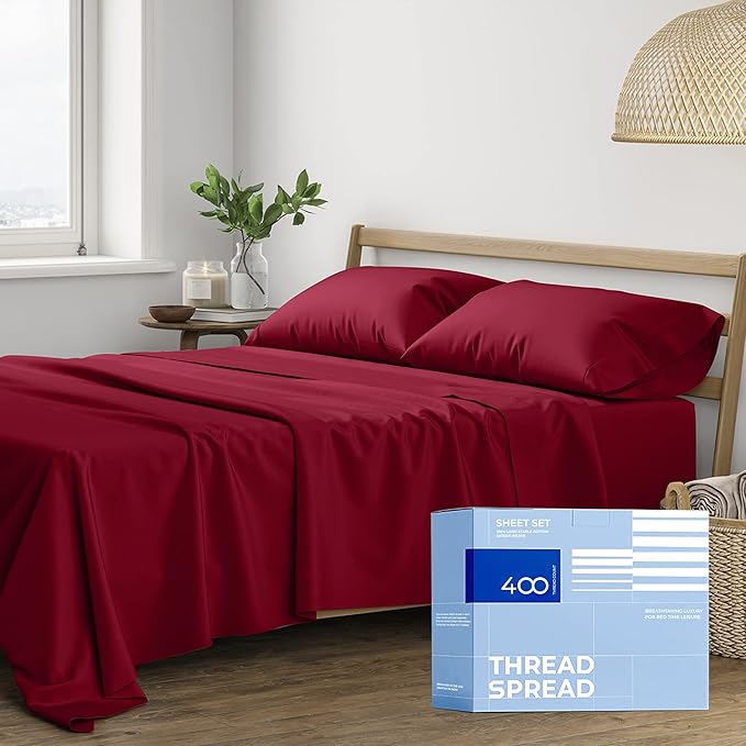 THREAD SPREAD California King Sheet Set - 400 Thread Count 100% Cotton, 4 PC Cal King Cooling Sheets, Soft Breathable Bed Set, 16" Deep Pocket (Burgundy)