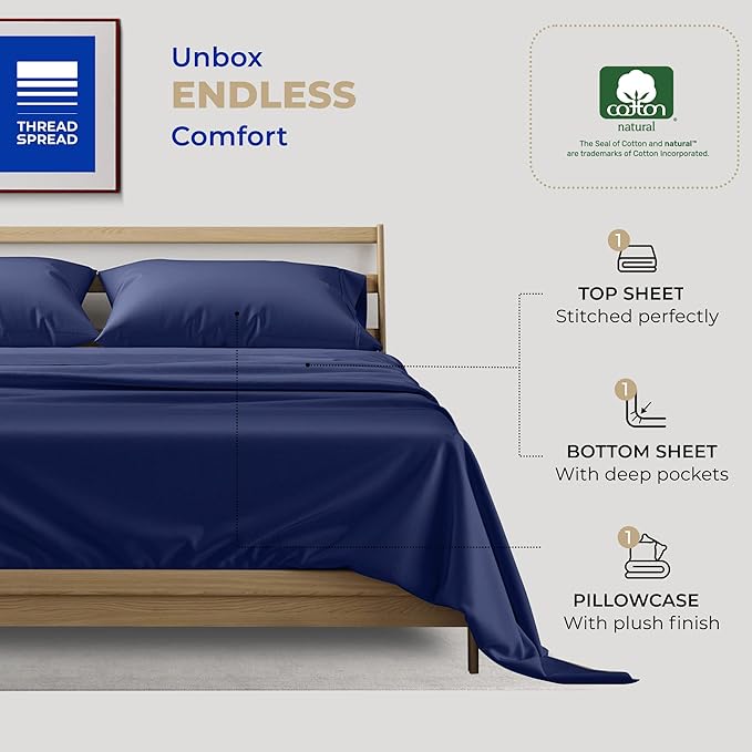 THREAD SPREAD 100% Cotton Sheets Twin Size - 400 Thread Count Cotton Bed Sheets Twin, 3 PC Set (Navy Blue), Luxury Soft, Breathable, Cooling, Sateen Weave 16" Deep Pocket Bedsheet for Dorm Rooms