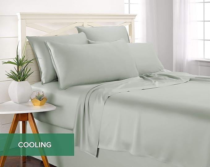 Pure Bamboo Split King Sheets, Genuine 100% Organic Viscose Derived from Bamboo Bed Sheet Set, Soft & Cooling, Double Stitching, 2 Fitted Sheets (Split King, Sea Glass)