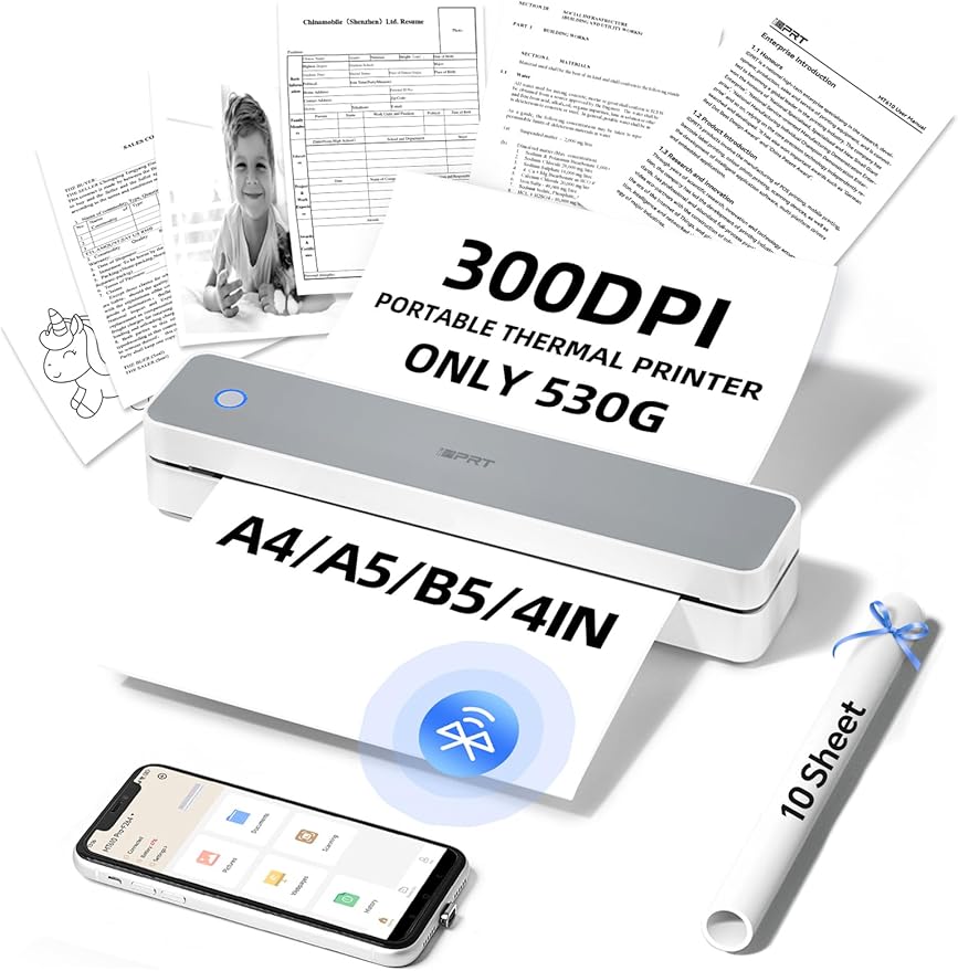 iDPRT MT610 Pro Portable Thermal Printer, 300DPI HD Mobile-Travel-Printers, Inkless-Wireless-Small-Printer for Home Use, Office, Vehicles, Bluetooth Printers Supports 8.5" x 11" US Letter&A4&A5 Size