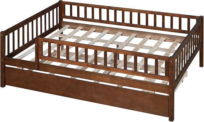 Bellemave Full Size Bed Frames with Rails for Kids, Full daybed Frame with Trundle for Boys/Girls/Adults，Walnut