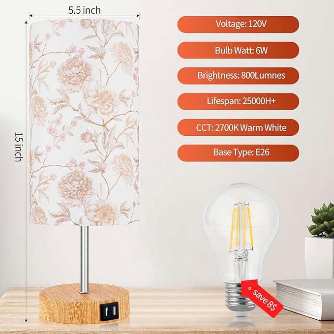 Bedside Touch Lamp, Wood Small Table lamp with 2 USB Charging Ports & Flower Fabric Shade, 3-Way Dimmable Nightstand Lamps for Living Room Bedroom Office Reading Desk Home Dorm Pink