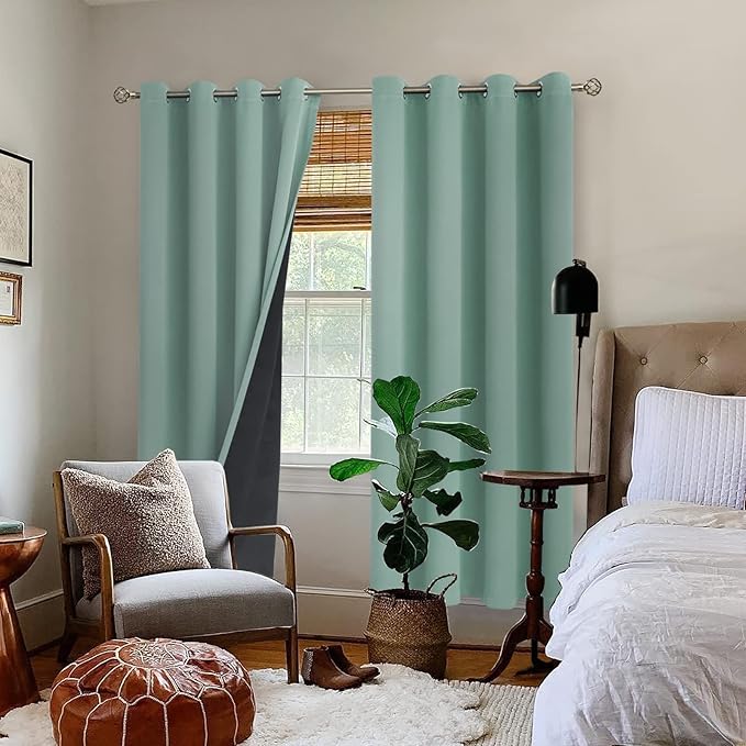 BGment Thermal Insulated 100% Blackout Curtains for Bedroom with Black Liner, Double Layer Full Room Darkening Noise Reducing Grommet Curtain (52 x 84 Inch, Frosty Green, 2 Panels)