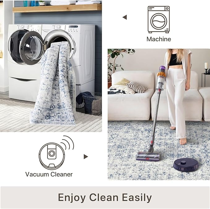 8x10 Area Rugs for Living Room, Non-Slip Backing Washable Rug 8x10, Blue Large Area Rug Soft Carpet for Bedroom Dining Room, Vintage Floral, Easy Clean, Durable, Low Pile Rug Under Table