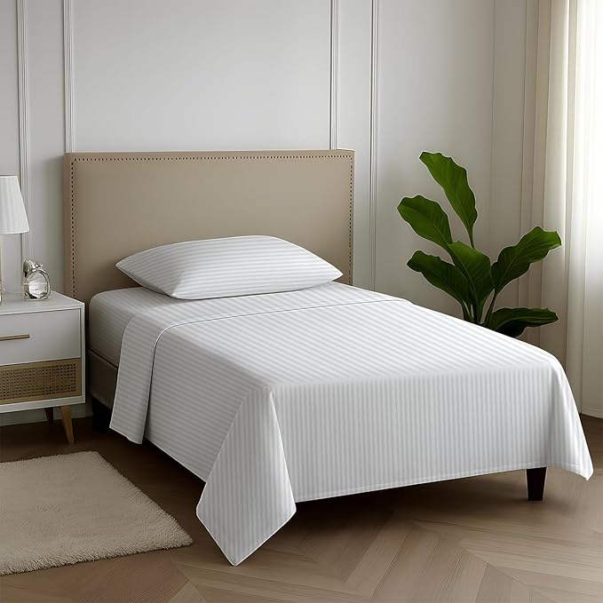Carressa Linen Luxury Egyptian Cotton Twin Stripe Sheet Set - 600 Thread Count Extra Long Staple 3 PC Set, Crisp White Twin Damask Sheets, Soft, Cooling Sateen Weave Sheets Upto 18 in Deep Pocket