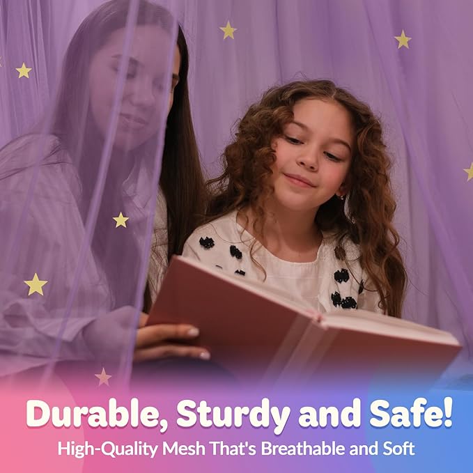 Bollepo Purple Bed Canopy for Girls with Glowing Stars - Princess Netting Room Decor, Ceiling Tent to Cover Toddler | Single, Twin, Full, Queen Size Kids Bed, Fire Retardant Fabric