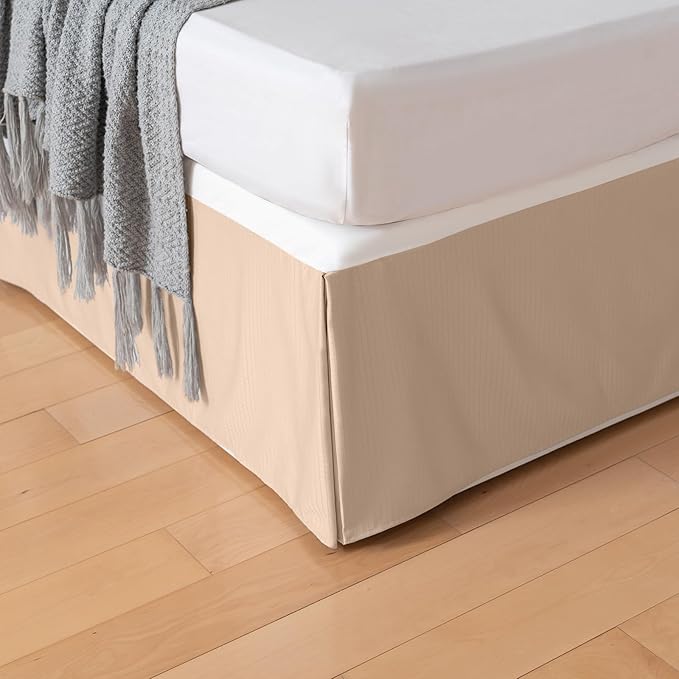 Queen Bed Skirt, Grid Plaid Soft Quadruple Pleated Ruffle Bed Skirt, Tailored Dust Ruffle 16 Inch Drop Easy Fit, Machine Washable (Beige)