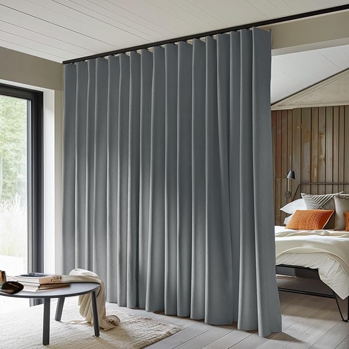 Room Divider Curtains Total Blackout Privacy Curtain Panel Room Thermal Insulated Noise Reduction Curtains for Bedroom Window Living Room Ceiling Track Curtain W 12.5 ft × H 8ft Dark-Grey