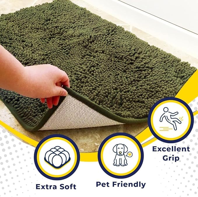 Muddy Mat® | Super Absorbent Door Mat Indoor, Microfiber Quick Dry Chenille Entryway Rug, Non-Slip Front Door Mat, Indoor Mats for Entryway, Machine Washable Pet Rug, Army Green 24" x 72"