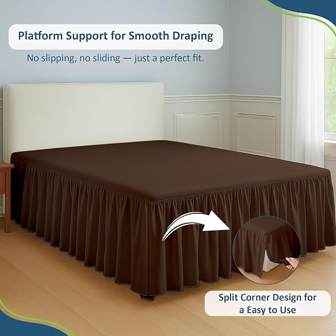 Rajlinen Ruffled Bed Skirt King, 18 Inch Drop Dust Ruffle with Split Corners, 100% Microfiber Bedskirt with Platform, Three-Sided Coverage Ruffled Gathering Design, Chocolate