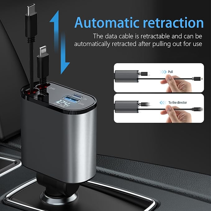 Retractable Car Charger, 66W 4 in 1 Super Fast Charging Car Phone Charger with 2 Retractable 31.5 Inch Cables and 2 USB Ports for iPhone 15/14/13/12/11, Galaxy, Pixel（S）