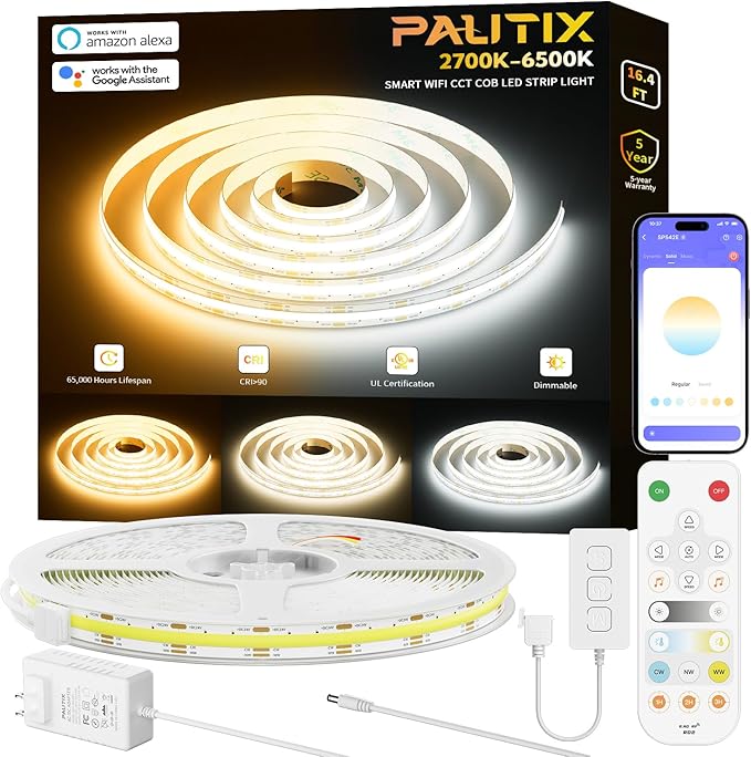 PAUTIX CCT COB LED Strip Light White Tunable 3200LEDs,CRI90+ 16.4ft/5m Dimmable 2700K-6500K 24V LED Tape Lights Kit,Work with Alexa/Google Assistant,for Under Cabinet Bedroom Kitchen DIY Lighting