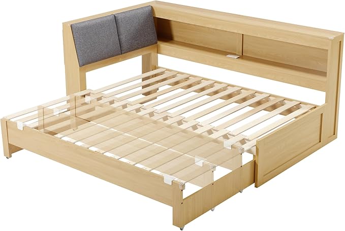 Corner Bed Frame with Extendable Trundle Bed and Bookcase Upholstered Headboard, 3-in-1 Twin Size Wood Daybed with LED Lights and Charging Station, for Bedroom, Guest Room, Natural Oak