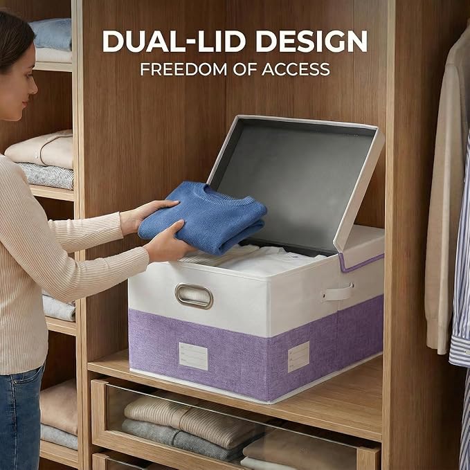 PRANDOM Collapsible Storage Bins with Lids [3-Pack] Linen Fabric Foldable Storage Boxes Organizer Containers Baskets Cubes with Cover for Bedroom Closet Nursery Purple&White (23.4X15.9X11.4)
