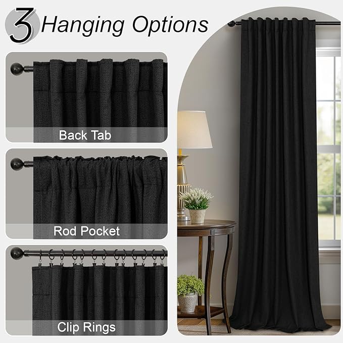 Pitalk Black Out Curtains 108 Inch Long 2 Panels Gothic Elegant Modern Linen Textured Drapes for Living Room Darkening Summer Heat Winter Cold Blocking 100% Blackout Curtain Window 108 Length Back Tab