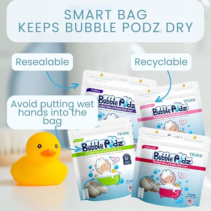 TruKid Bubble Podz Bubble Bath for Kids, Toddlers, & Babies, Tear Free Gentle & Refreshing Bath Bomb for Sensitive Skin with Natural Moisturizers, Non-Toxic, pH Balanced, Yumberry Scent (60 Podz)