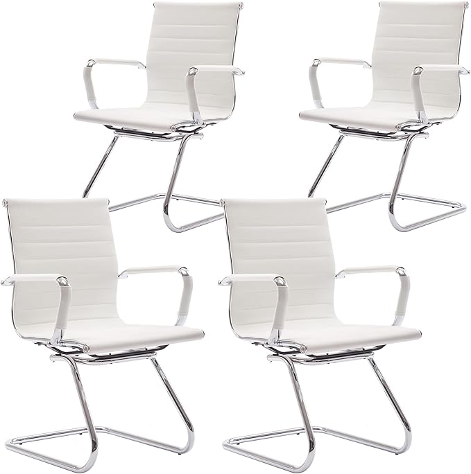 Wahson Office Guest Chairs Set of 4, Leather Reception Chairs, Mid Back Waiting Room Chair, Conference Chairs with Sled Base, Desk Chair No Wheels for Meeting/Lobby/Restroom, White